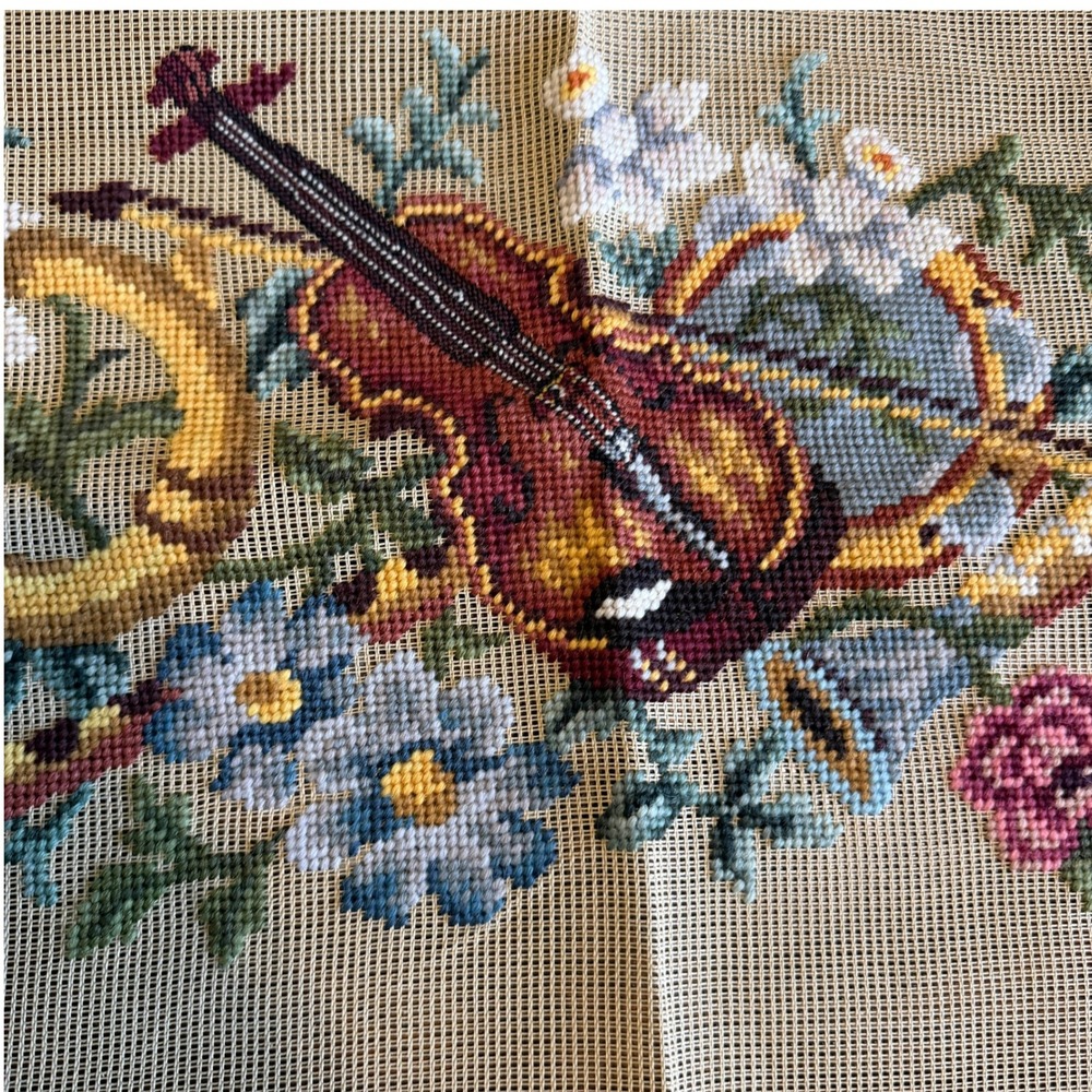 VTG Violin Horn wool Needlepoint Canvas Floral flowers 20x36